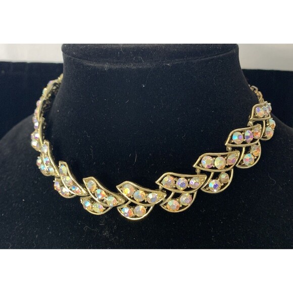 Vintage 50s Gold Tone Aurora Borealis Rhinestone Choker Necklace Leaf Design - Picture 2 of 7